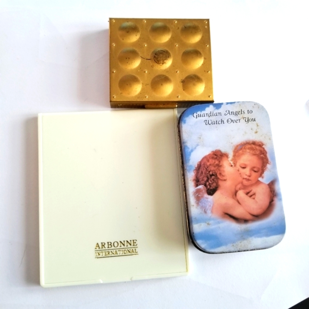 3 compacts vintage to newer metal and tin box angel arbonne mirror